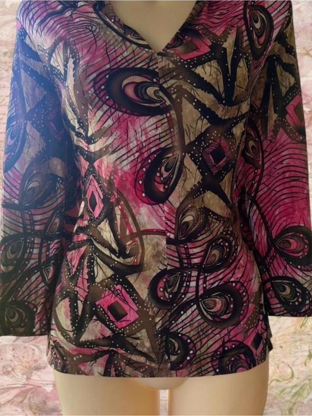 Y2K Abstract Art Print Mesh Top Pink Brown Geometric Boho Fairy Grunge Whimsy